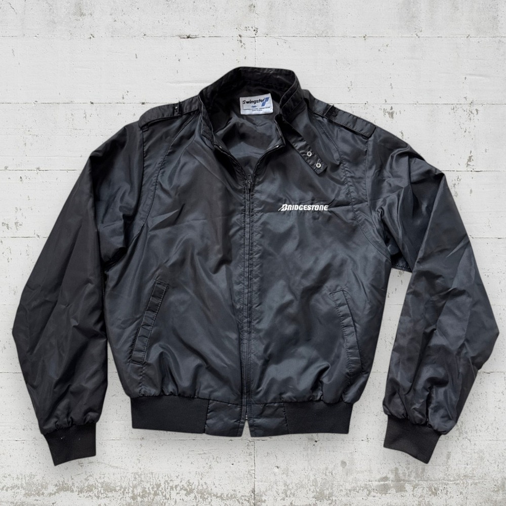 Vintage Swingster Bridgestone Tires Retro 80s Car Nylon Racer Jacket M Black